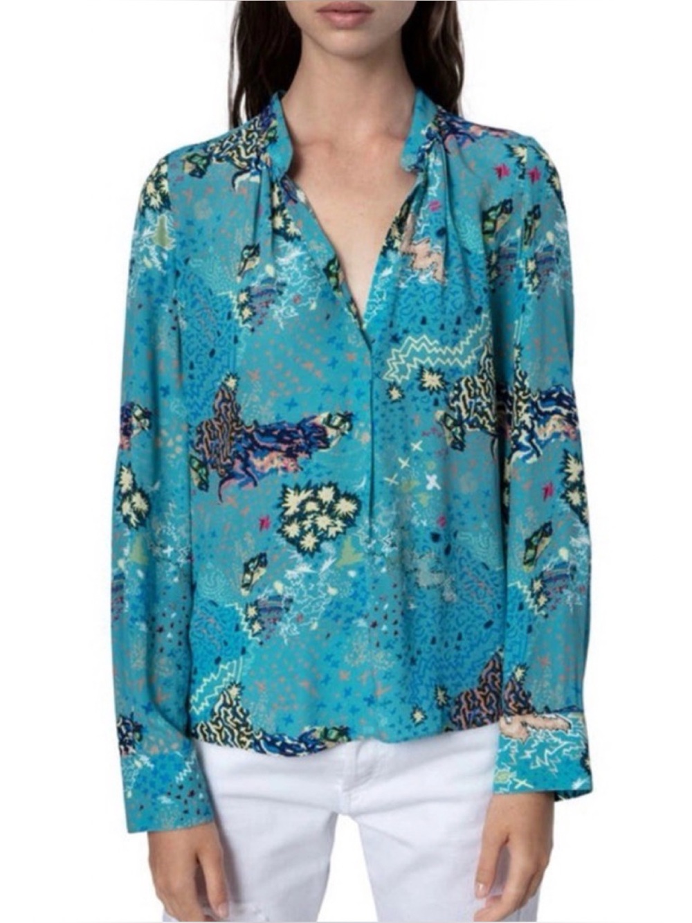 Zadig & Voltaire tink glam rock V neck floral blouse long sleeve blue XS